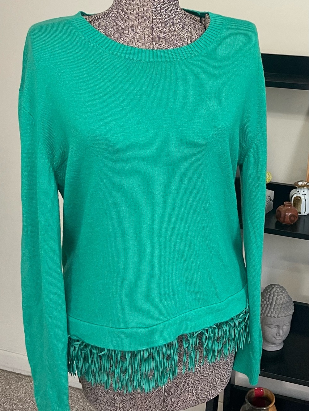 Lilly Pulitzer Teal Fringe-Hem Crew Sweater